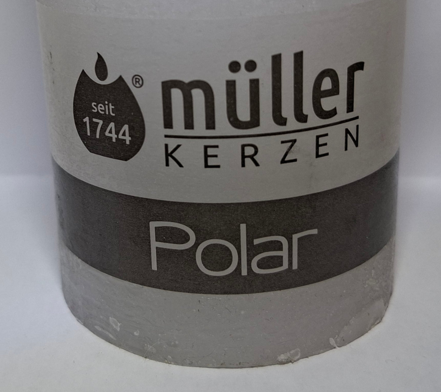 Müller Kerze POLAR weiss 160/68mm - durchgefärbte Stumpenkerze mit Raureif-Effekt