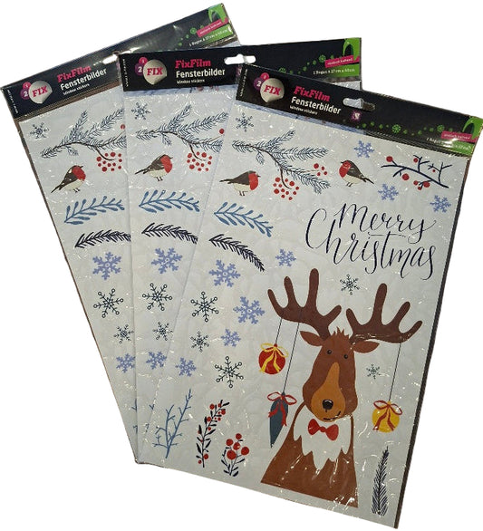 3x Weihnachts-Fensterbilder "Rentier" - selbstklebend & wiederverwendbar - Original Neuware