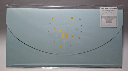Gutscheinkarte hellblau mit Geschenksymbol - Original Neuware