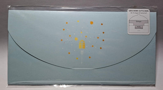 Gutscheinkarte hellblau mit Geschenksymbol - Original Neuware