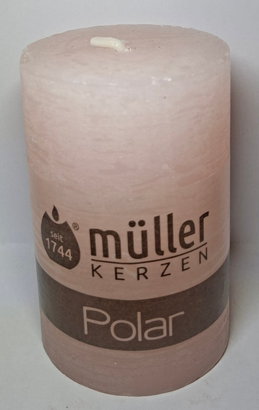 Müller Kerze POLAR rosa 90/58mm - durchgefärbte Stumpenkerze mit Raureif-Effekt - Original Neuware