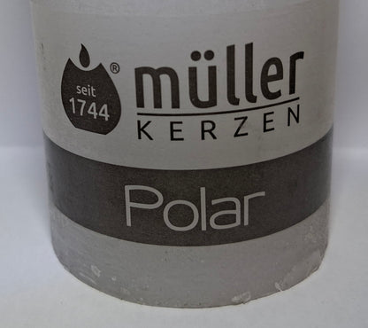 Müller Kerze POLAR weiss 160/68mm - durchgefärbte Stumpenkerze mit Raureif-Effekt