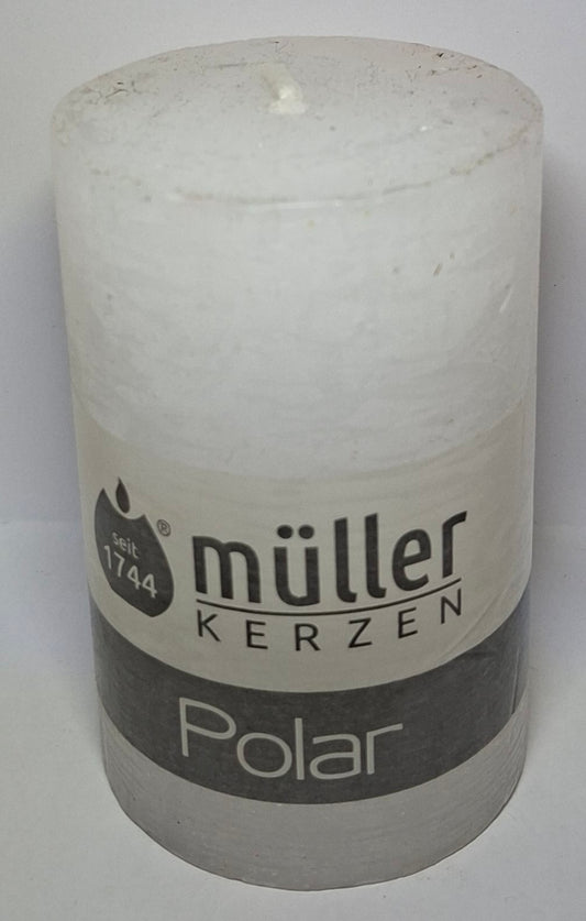 Müller Kerze POLAR weiss 90/58mm - durchgefärbte Stumpenkerze mit Raureif-Effekt - Original Neuware