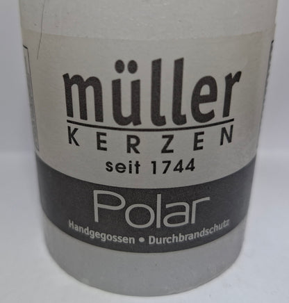 Müller Kerze POLAR weiss 90/58mm - durchgefärbte Stumpenkerze mit Raureif-Effekt - Original Neuware
