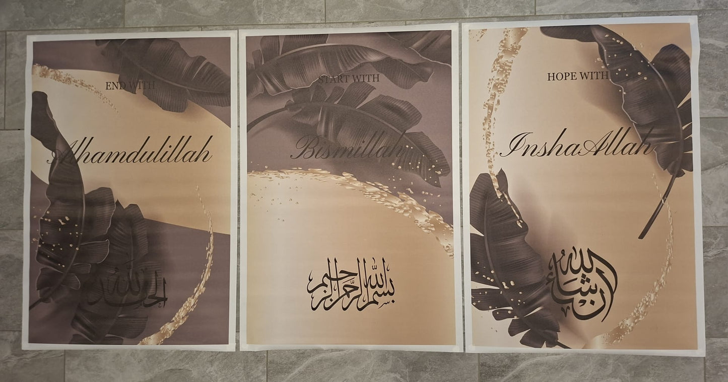Islamisches Wandbild-Set „Start with Bismillah – End with Alhamdulillah – Hope with InshaAllah“