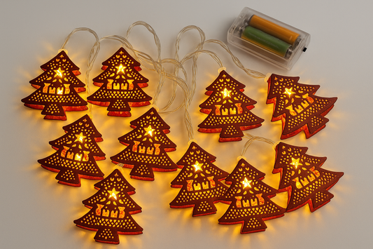 ✨ LED Weihnachtsbaum Lichterkette – Warmweiß | 10 Metall-Anhänger | Batteriebetrieben 🎄