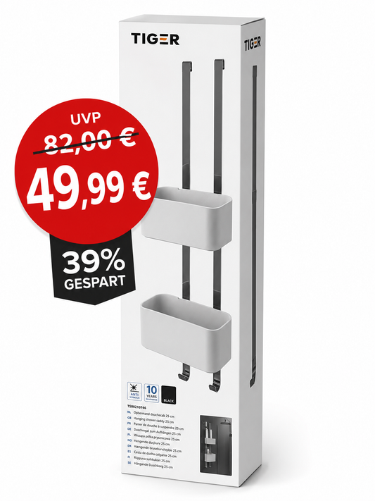 TIGER 2-Store Duschregal zum Einhängen – Weiß matt – 2 Ablagen – Ohne Bohren
