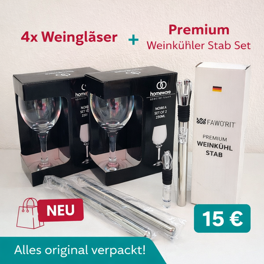 4er Set Weingläser + Premium Weinkühler Stab – Stilvoll genießen & perfekt temperieren