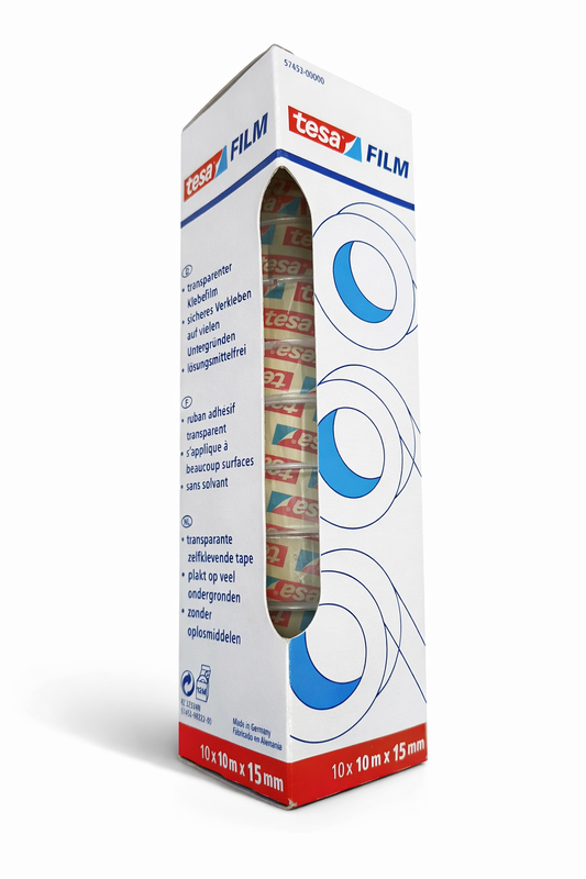 tesa® Film Transparent Klebeband – 10 Rollen à 10 m x 15 mm | Universelles Büro- & Haushaltsklebeband